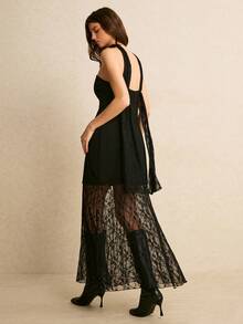 Poéselle 女士撞色蕾丝鱼尾下摆优雅吊带连衣裙 - 黑色 - 查看 7