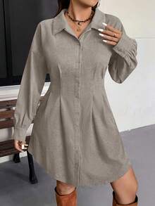 SHEIN VCAY Gaun Kasual Bergaya Vintage Model Cardigan dengan Ikat Pinggang untuk Musim Gugur/Dingin Ukuran Besar - Grey - View 3