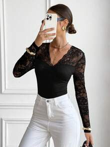 Serisse Women's Elegant Black V-Neck Contrast Lace Long Sleeve Slim Fit Blouse,Winter Ribbed Thermal T-Shirt,French Vintage See Through Top For Date,Casual - Black - View 3
