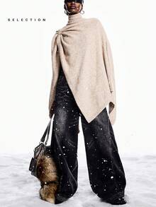 LYSMO 2025 New Arrive Minimalism Winter Women's Solid Color Turtleneck Loose Asymmetrical Hem Knit Sweater - Camel - View 6