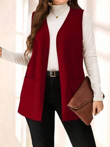 SHEIN PETITE CURVE Einfacher, locker sitzender Mantel in Unifarbe ohne Ärmel mit Tasche, Große Größen, für Frühling/Sommer, Urlaub im Herbst/Winter - Rot - Übersicht 4