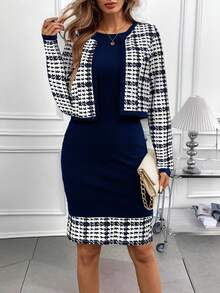 SHEIN Clasi Women's Houndstooth Jacket And Dress 2 Pieces Set, Suitable For Commuting And Outings In Winter 2 Piece Sets Woman Classy Office Outfits For Women Set