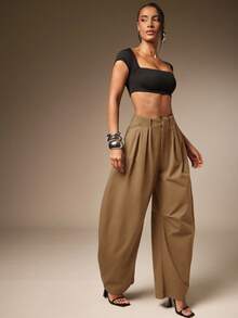 Hauture Basic Summer Casual Solid Charcoal Pleated Oversized Barrel Pants - Brown - View 1