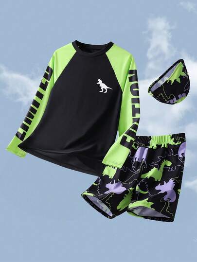 SHEIN 三件套青少年男童休闲运动度假学院风街头时尚可爱恐龙图案泳衣泳裤套装，含泳帽，三件套适合儿童游泳、海滩度假、玩水、泡温泉，适合春、夏、秋、冬四季。