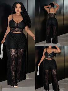 Slaydiva 2025 Herbst/Winter Neue Sexy Spitzen Trägerhemd + Weite Hose Set, Große Größen, Geeignet für Party, Nachtclub, Treffen, Date, Ball, Club