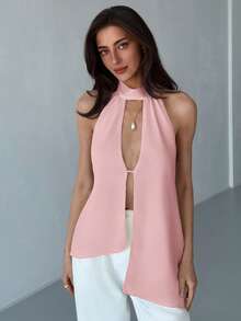 Aloruh Women's Solid Color Hollow Out Casual Asymmetrical Hem Tank Top,Pink Top - Pink - View 7