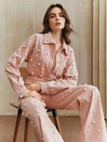 Anewsta Fashionable & Elegant Rhinestone Embellished Long Denim Shirt Blouse, Suitable For Valentine's Day Party, Spring/Autumn