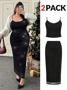 CovetEZ Conjunto de 2 piezas de camiseta sin mangas brillante y minifalda para tallas grandes - Negro - Ver 3