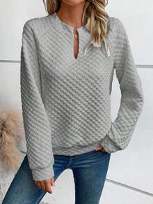 LanaWest Casual Solid Color Textured Notch Neck Sweatshirt, Autumn - Grey - View 6