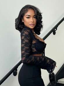 Alexandranx 女装夏季性感蕾丝演唱会外出约会毕业典礼荷叶边超短胸杯细吊带长袖白色夏季女上衣 - 黑色 - 查看 3