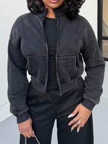 Alexandranx 水洗拉链运动衫 接缝细节 返校 秋冬 舒适 秋季 可爱 休闲 日常 胶囊衣橱 Y2K 街头服饰 圣诞节 - 黑色 - 查看 3