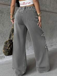 Coolane Jeans lavados con estampado de estrella de estilo atlético y grunge para adolescentes - Gris Claro - Ver 6