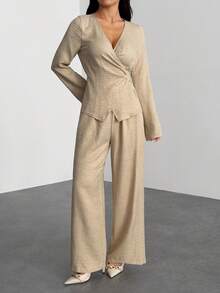 SHEIN PETITE Bộ quần áo thu đông đơn sắc tối giản hàng ngày dành cho nữ mới về - Màu be - Xem 5