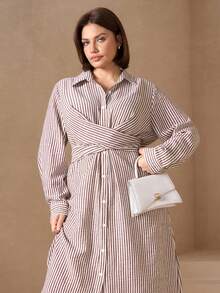 Chikora Plus Size Women Long Sleeve Silky Striped Shirt Dress,White Autumn Office Commute Midi Dress,Smart Casual Elegant Modest Front Opening Fall Outfits - Multicolor - View 4