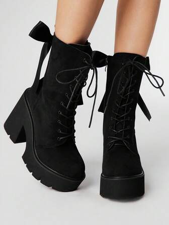 Women's Thick Sole Chunky Heel Lace-Up Mid-Calf Boots, Sexy Black Bowknot Decor High Platform Party Shoes, Gothic Punk Style Ankle Boots