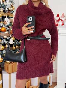 SHEIN EZwear 时尚露肩针织连衣裙，酒红色 - 酒紅色 - 查看 7