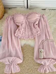 INAWLY French Retro Pink Ruffle Off Shoulder Faux Pearl Button Flare Sleeve Cropped Top - Pink - View 1