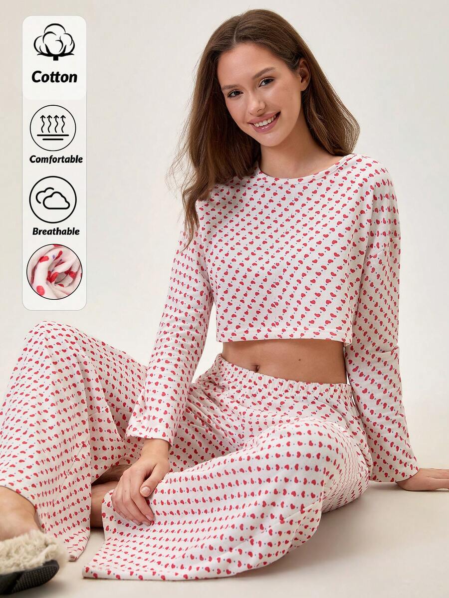 Loomlin Cotton 2Pcs Heart Printed Lounge Set - Red and White - View 1