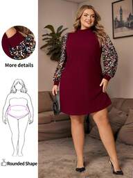 Enliva Christmas Plus Size Sequin Patchwork Stand Collar Dress, Winter, For Apple Rounded Body Shape
