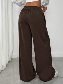SHEIN EZwear 女士纯色抽绳腰阔腿休闲宽松运动裤 - 咖啡棕 - 查看 2