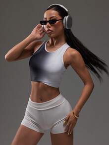 Dewbera 女士撞色饰边渐变运动文胸 - 黑與白 - 查看 4