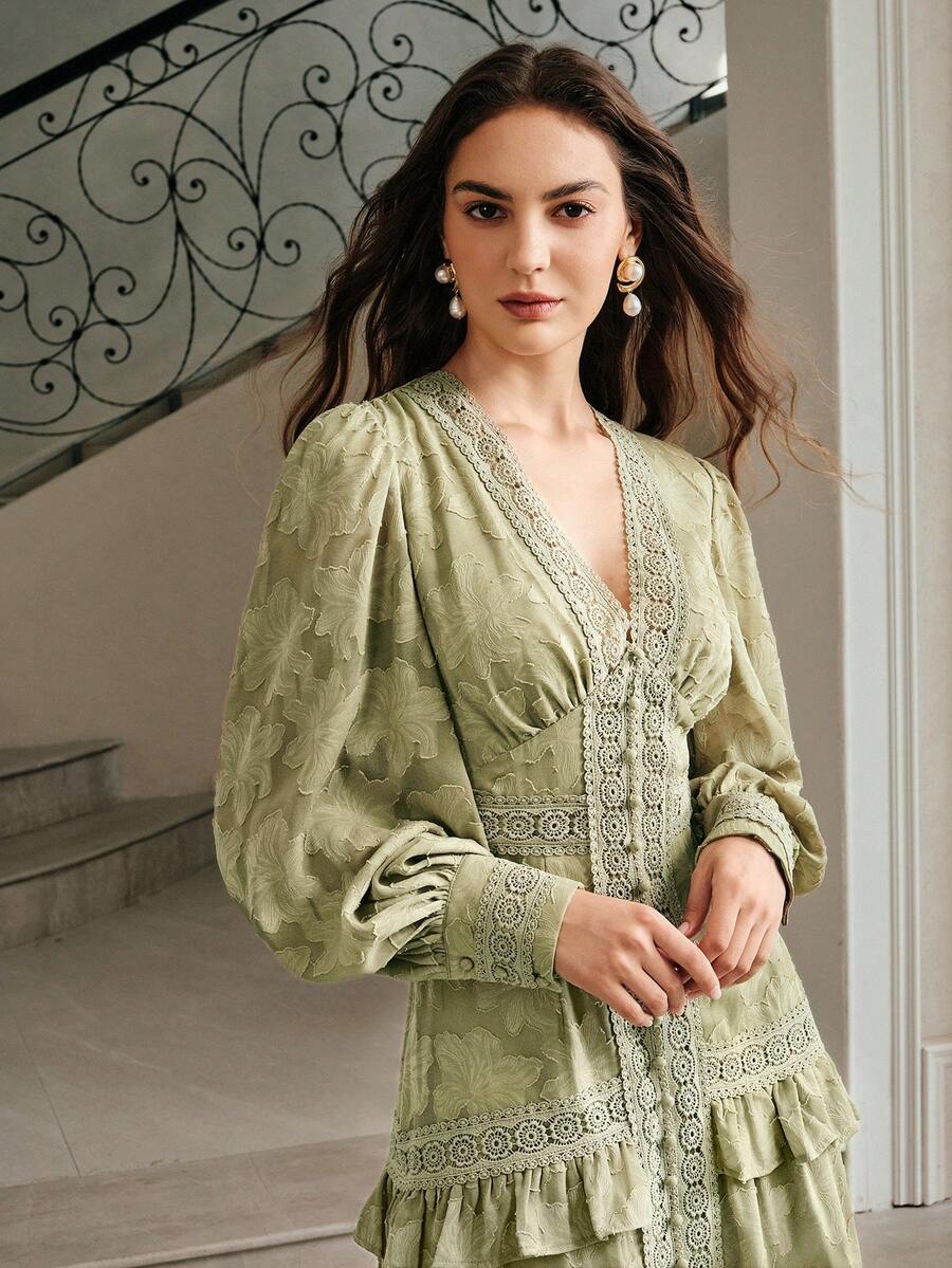 Anewsta 法式褶皱V领泡泡袖优雅修身连衣裙长款女装 - 橄欖綠 - 查看 1