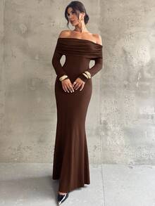 Firerie 女士藏蓝色露肩褶皱露背性感修身鱼尾长裙，优雅、通勤、性感、度假、海滩、波西米亚风、夏威夷风情、音乐节、浪漫、约会、派对、婚礼季、毕业典礼、舞会、演出、演唱会、工作、返校、女士生日礼服 - 棕色 - 查看 2