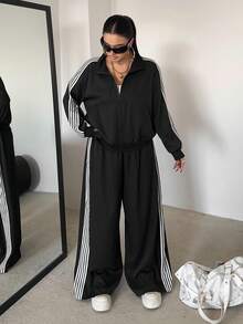 POPSWAY Plus Size Black Long Sleeve Zip-Up Jacket With Contrast Trim + Loose Straight Leg Pants With Contrast Trim, Elegant Vintage Casual Vacation Sports College 2-Piece Set, Autumn/Winter - Black - View 3