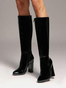 SHUZIA Botas altas hasta la rodilla con tacón de bloque de PU patentado cómodo y cremallera lateral para mujer - Negro - Ver 4