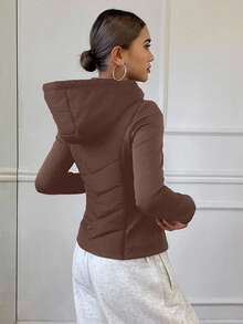 DAZY Abrigo acolchado ajustado con patchwork para mujer, otoño/invierno - Café integral - Ver 3