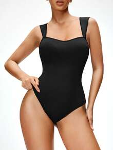 SHEIN 1 pièce Combinaison moulante minimaliste de tous les jours pour femmes, de couleur unie, galbant la taille et l'abdomen, avec un entre-jambes confortable à boutons-pression, facile à enfiler et à retirer - Noir - Voir 7