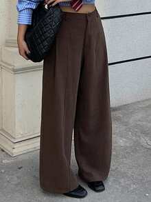 Dazy Plus Plus Size Women Casual Pleated Side Loose Straight Leg Long Pants - Brown - View 1
