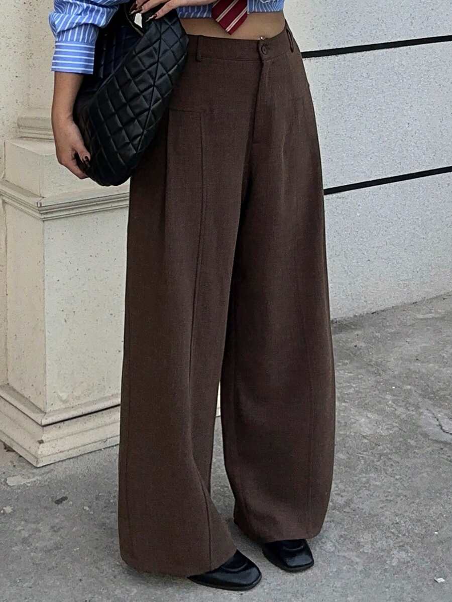 Dazy Plus Plus Size Women Casual Pleated Side Loose Straight Leg Long Pants - Brown - View 1