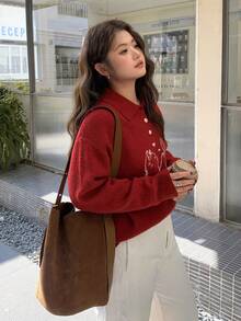 Dazy Plus Valentine Cute Cartoon Cat Jacquard Pattern Turndown Collar Loose Red Christmas & New Year Casual Pullover Sweater For Girls - Red - View 4