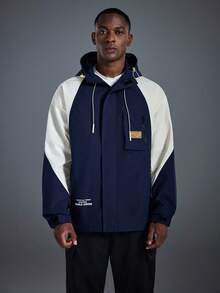 Driftmere Men's Contrast Color Letter Print Drawstring Hooded Jacket, Gym/Training/Running/Fitness Jacket Spring To Summer - Blue - View 3
