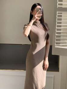 DAZY Sleeveless Turtleneck Bodycon Midi Dress, Women Knit Sweater Dress - Khaki - View 7