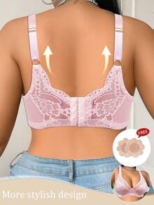 SHEIN 1pc Plus Size Comfortable Lace Bra With Underwire, Pink - Pink - View 2