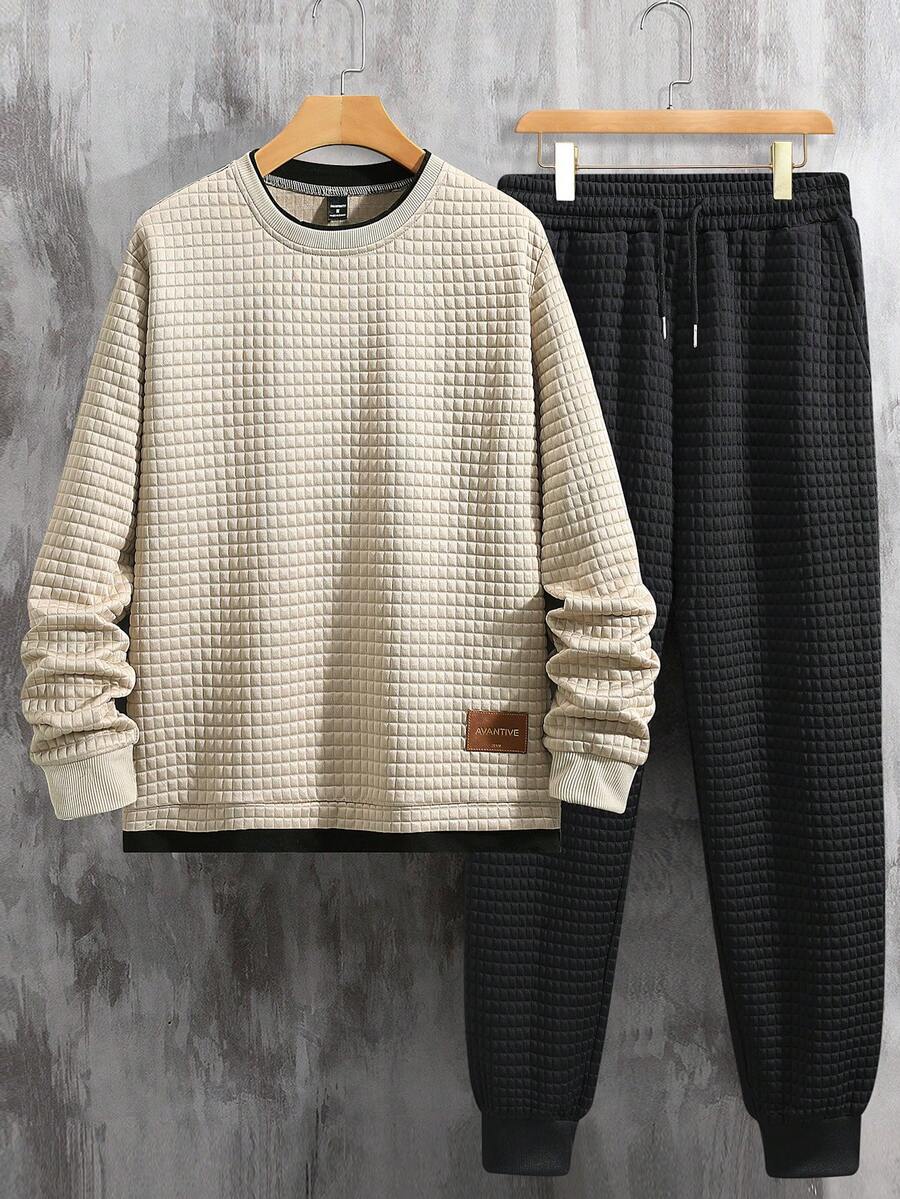 EGENSIO Men's Casual Letter Print Pullover Sweatshirt And Drawstring Waist Sweatpants Set - Apricot - View 1