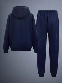 Driftmere Men 2pcs/Set New Sports Casual Hoodie & Sweatpants Set, Autumn/Winter Fleece Hoodie And Sweatpants, Fashionable Versatile Warm Casual Suit, Keep Warm,Sports Outdoor, Daily Casual Sports - Navy Blue - View 2