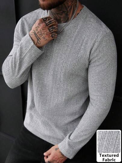 Manfinity CasualCool Men's Comfortable Dual-Color Striped Long Sleeve Crew Neck T-Shirt, Casual & Relaxed, Suitable For Daily Office, Autumn/Winter Undershirt, Can Be Worn With Suits Or Shirts, Comfortable For Family Gatherings And Parties, Simple And Versatile, Also Suitable For Solo Wear Or Gift To Friends Men Tops Long Sleeve Grey Top Men Men Knit Tops Jumper For Men