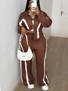 Maweii 两件套女士加大码休闲套装，条纹拼接翻领卫衣外套搭配宽松口袋裤，时尚街头通勤套装，秋冬款 - 棕色 - 查看 4