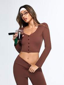 Gameset SHEIN Sport Brown Long Sleeve Button Crop Top & High Waist Flared Pants Two Piece Set,Yoga Lounge Athleisure Outfit,Women's Trending Workout Matching Set,Women's Ribbed Yoga Activewear Set, Fitted Long Sleeve Casual Top Paired With High Waist Flare Pants,Brown 2 Piece Set,Two Piece Pants Set,Athleisure Two Piece Set, Brown Workout Set - Brown - View 14