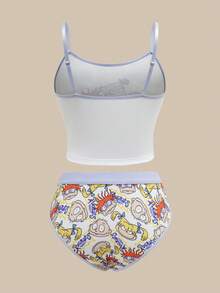 Nick 90s | SHEIN Conjunto de camiseta y pantalón corto con estampado de dibujos animados y ribete de contraste, cómodo para mujer - Morado - Ver 6