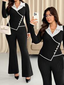 Vionelle 大码女式法式休闲优雅罗纹磨毛长袖上衣和裤子两件套，秋冬裤装套装，大码曲线办公室穿着两件套，女士优雅套装，女士套装 - 黑色 - 查看 9