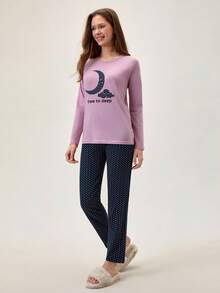 Loomlin 2pcs Cotton Contrast Colour Moon Printed Shirt And Star Printed Sleep Bottom PJ Set - Purple - View 3