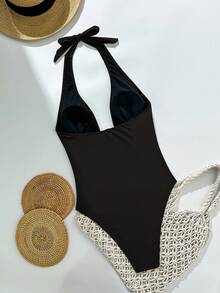 Swim SXY 女士夏季纯色深V领金属装饰性感连体泳衣 - 黑色 - 查看 4