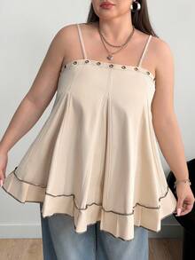 Enliva 大码女式金属孔眼细节、褶饰、A 字下摆可调节肩带吊带背心/秋冬 - 卡其色 - 查看 7