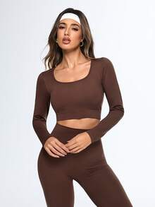 SHEIN Sports Women's Solid Color Scoop Neck Long Sleeve Top And High Waist Skinny Pants Activewear Set - Coffee Brown - View 5