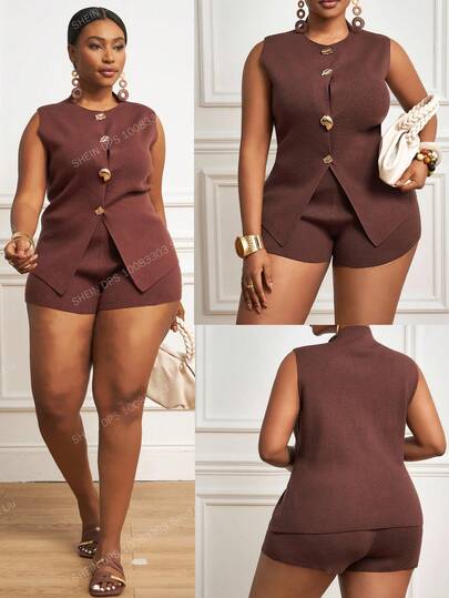Slaydiva 2025 New Arrival Autumn/Winter   Amber Core New Vintage Elegant/Minimalist Sleeveless Knit Metal Button Decor Cardigan & Shorts Set, Women Plus Size, Summer/Autumn/Winter Caramel Latte