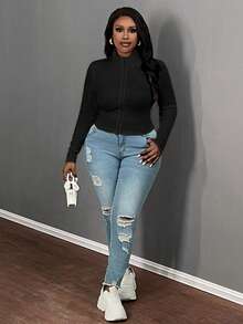 Slaydiva Plus Size Solid Color Black Zip-Up Long Sleeve Fleece Cardigan Jacket,Fashionable Winter Casual Hiking Top,Women's Clothing Xxl Cropped Tops Bodysuits - Black - View 6